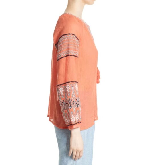 Joie Boho Top Womens Small V-Neck Sleeve Cotton Gauze Peasant Coral Lightweight - Picture 11 of 12